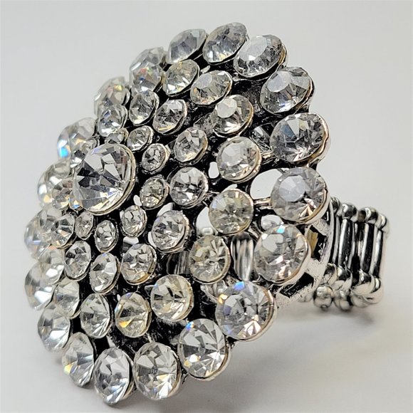 Vintage Crystal Cluster Dome Stretch Ring Adjustable Band Large Cocktail Ring - Picture 2 of 12